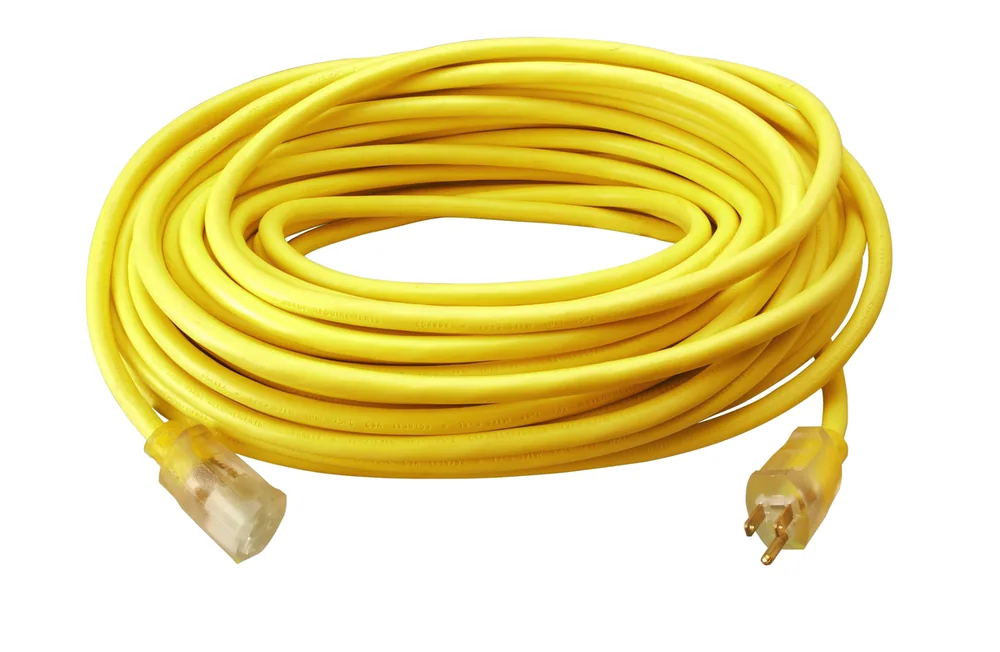 SOUTHWIRE, 12/3 SJTW 100' EXTENSIÓN ELÉCTRICA AMARILLA PARA EXTERIOR CON INDICADOR DE LUZ DE POTENCIA