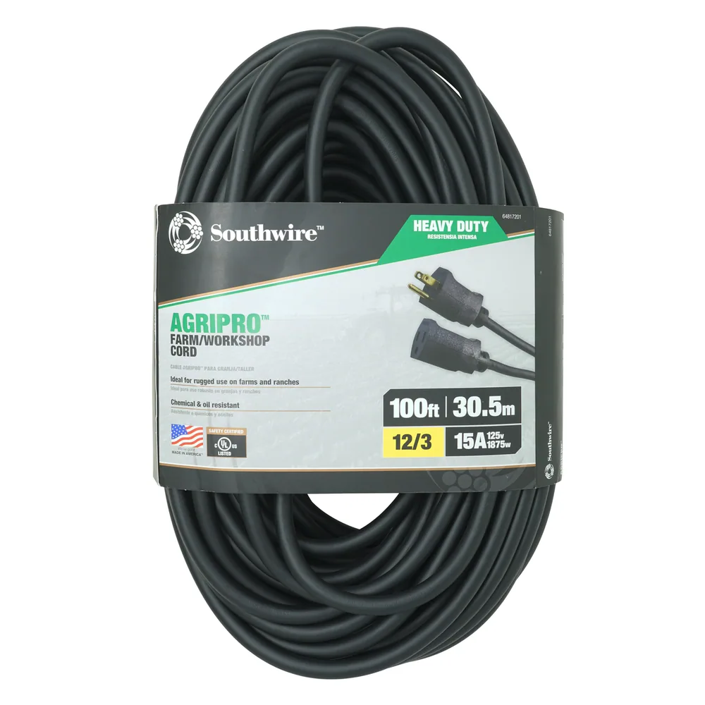 SOUTHWIRE, AGRIPRO 12/3 SJTOW 100' BLACK OUTDOOR WORKSHOP/FARM EXTENSION CORD