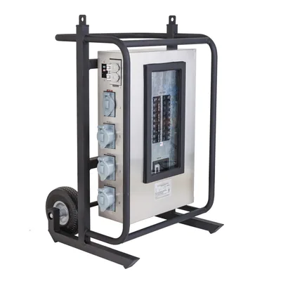 CARRITO DE DISTRIBUCIÓN DE ENERGÍA TIPO CAM 120/208V 200A CON 2 RUEDAS, 6 x 125V/250V 50A 6369, 2 x 250V 30A L6-30 + 2 x 120V/20A DUPLEX 5-20 GFCI TIERRA