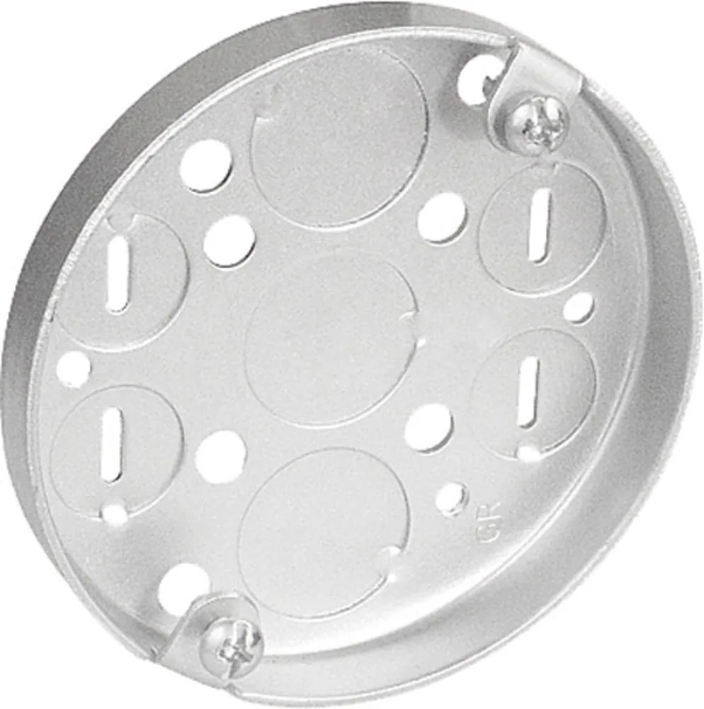 Caja Redonda tipo Pan 3-1/2", 1/2" de Profundidad - Estampado con Knockouts para Tubo Conduit, Orejas para Fixture a 2-3/4" O.C.