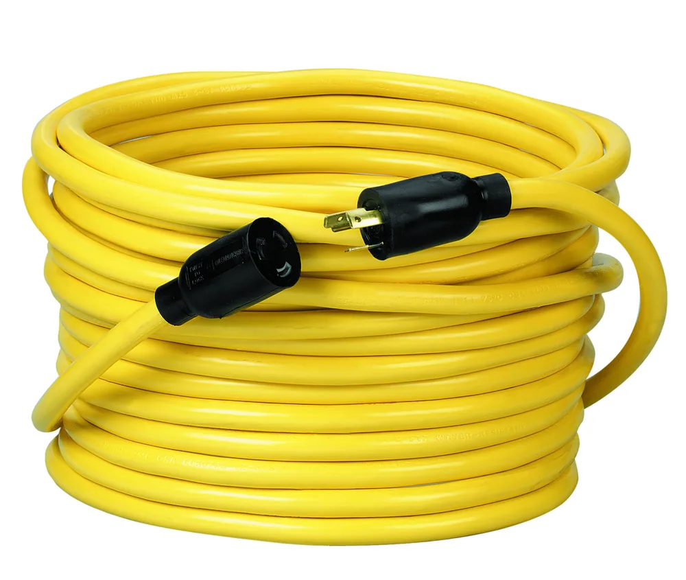 SOUTHWIRE, 12/3 STW 50' EXTENSIÓN AMARILLA EXTERIOR CON CIERRE GIRATORIO NEMA L5-20P CON CLAVIJAS NEGRAS