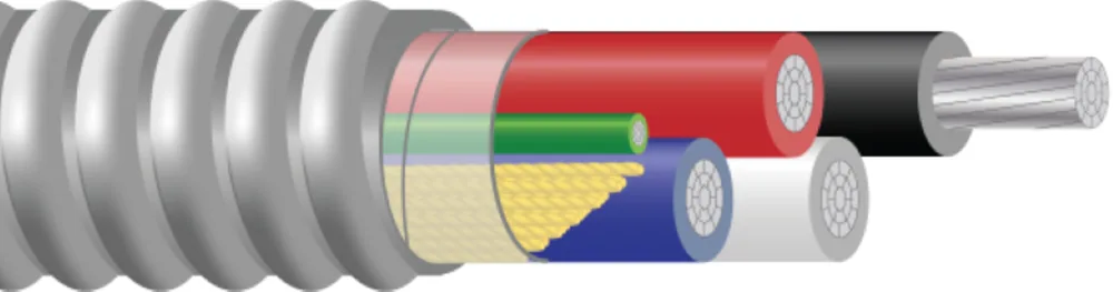 Cable alimentador de conductor de aluminio THHN/THWN tipo MC Armorlite® con tierra verde aislada, colores 120/208V