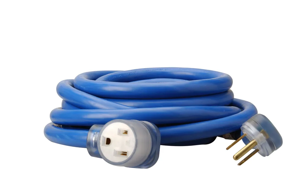 EXTENSIÓN 8/3 STW DE 25FT CON CLAVIJA Y RECEPTÁCULO NEMA 6-50 DE 250V/50A EXTREMOS ILUMINADOS