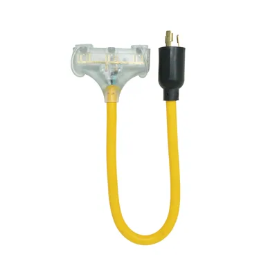 12/3 STW 2 FT AMARILLO ADAPTADOR GENERADOR TIPO "W" TORNILLO-BLOQUEAR CON ENCHUFE NEMA L5-20 NEGRO Y (3) RECEPTÁCULOS 5-15 CON INDICADOR DE LUZ