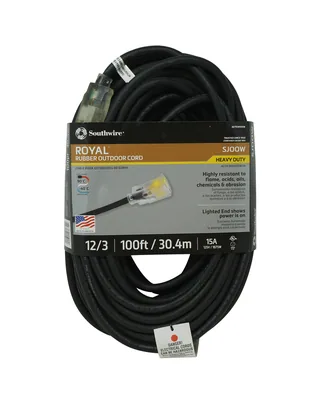 SOUTHWIRE, ROYAL EXTENSIÓN 12/3 SJOOW 100 FT CAUCHO NEGRO CON INDICADOR DE ENERGÍA