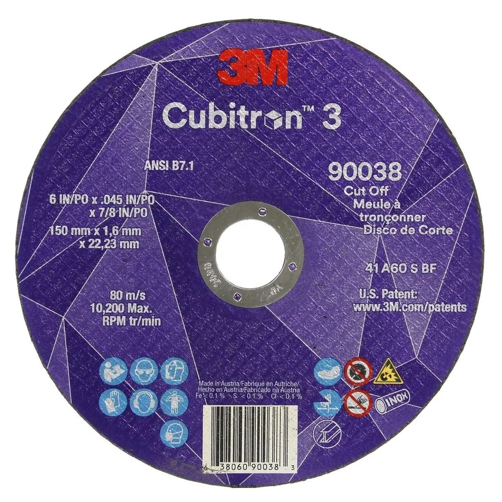 Disco de corte 3M™ Cubitron™ 3, 90038, 60+, T1, 6 in x 0,045 in x 7/8 in (150 x 1,6 x 22,23 mm), ANSI, 25/Paquete