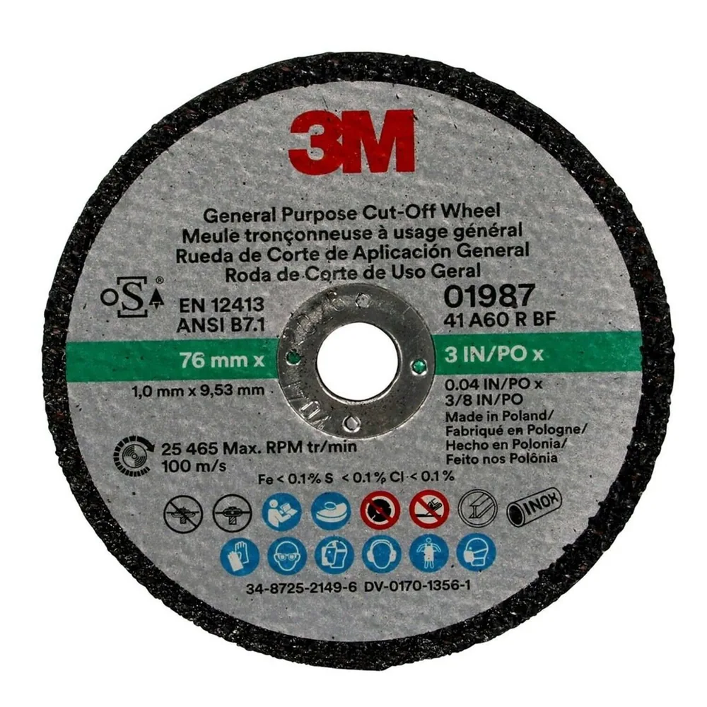 Disco de Corte de Propósito General 3M™ General Purpose Cut-Off Wheel 01987, 3 in x 0.04 in x 3/8 in