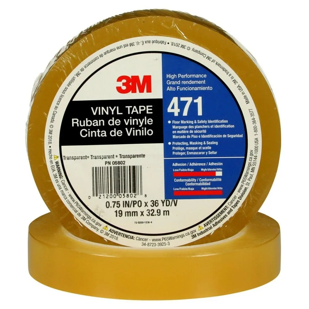 3M™ Cinta de Vinil 471, Transparente, 3/4 in x 36 yd, 5.2 mil