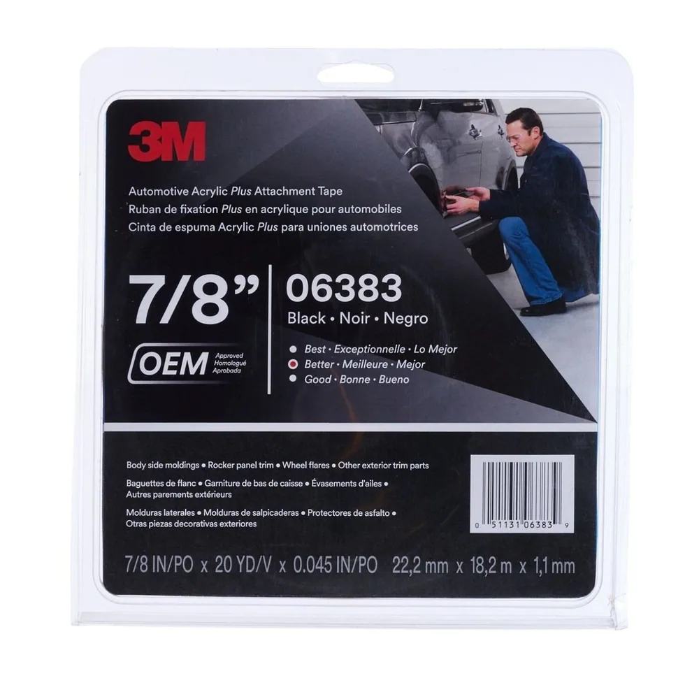 3M™ Cinta de Montaje Automotriz Acrílica Plus 06383, Negro, 1.12 mm, 7/8 in x 20 yd