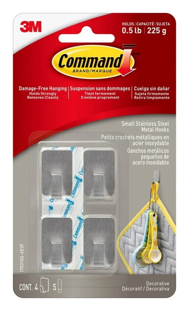 Ganchos de Metal Acero Inoxidable Pequeños Command™, 17031SS-4ES, 4 Ganchos, 5 Tiras