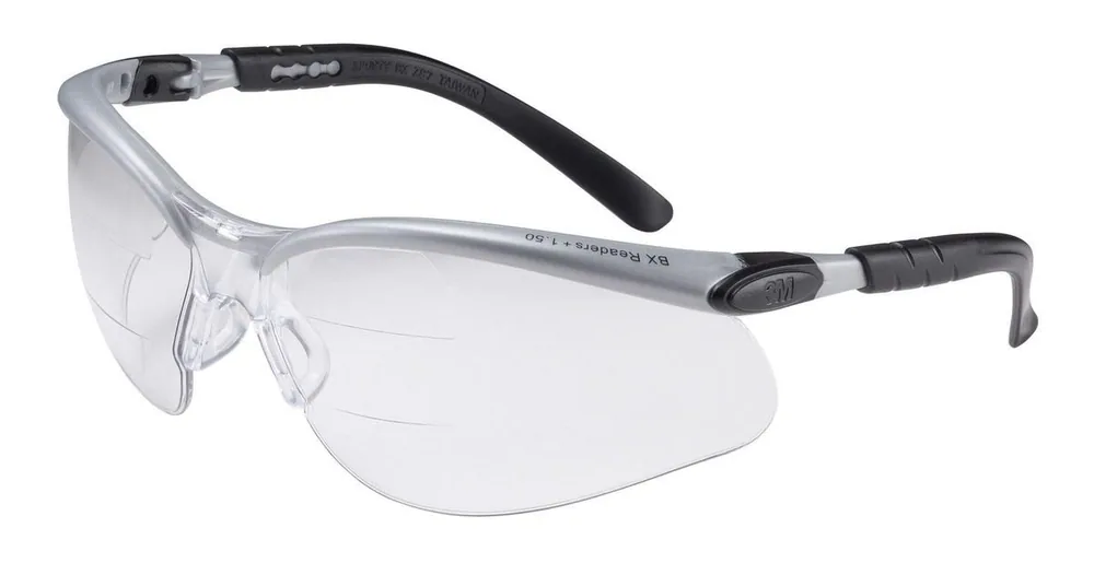 3M™ Lentes de Seguridad BX™ Dual Reader 11458-00000-20, Lente Transparente Antiniebla, Marco Plateado/Negro, +2.0 Dioptría Superior/Inferior