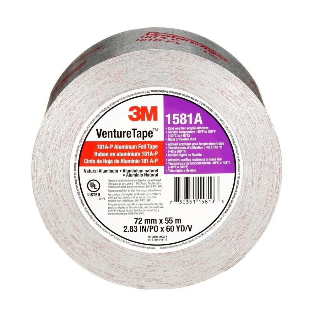 Cinta de Lámina de Aluminio UL181A-P Venture Tape™ 3M™ 1581A, Plateada, 72 mm x 55 m, 2 mil