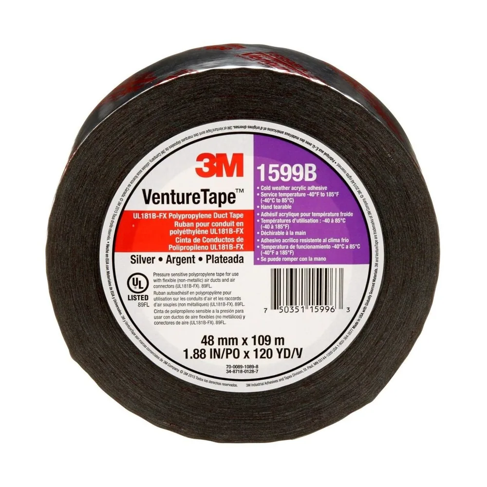 Cinta de Ducto de Polipropileno UL181B-FX Venture Tape™ 3M™ 1599B, Plateada, 48 mm x 109.7 m, 3 mil