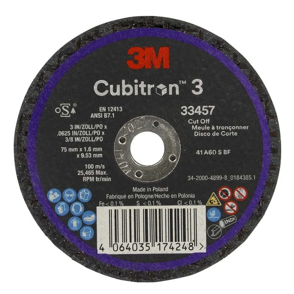 Disco de corte 3M™ Cubitron™ 3, 33457, 75 mm x 1,6 mm x 9,53 mm (3 in x 0,0625 in x 3/8 in), 5 Piezas/Paquete