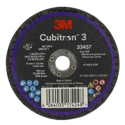 3M™ Cubitron™ 3 Cut-Off Wheel 33457, 75 mm x 1.6 mm x 9.53 mm (3 in x .0625 in x 3/8 in), 5 Each/Pack