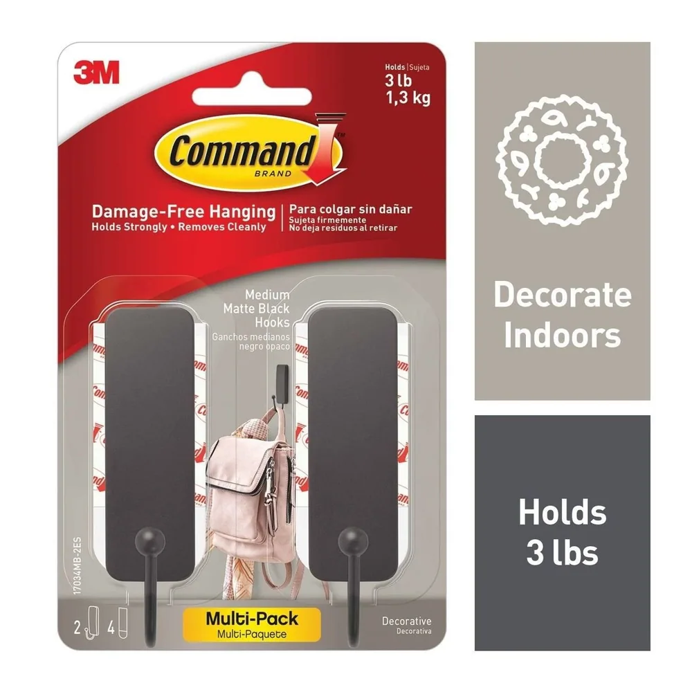 Ganchos Medianos Negro Mate Command™ 17034MB-2ES, 2 Ganchos, 4 Tiras múltiplos de 20