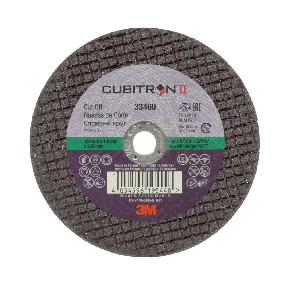 Disco de corte 3M™ Cubitron™ II, 33460, 100 mm x 1 mm x 9,53 mm (4 in x 0,04 in x 3/8 in)