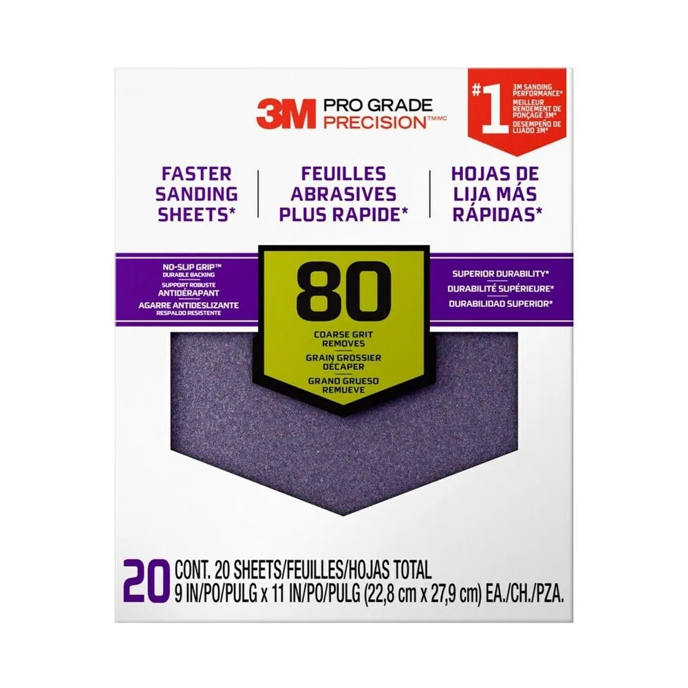 Hojas de Lija Pro Grade Precision™ Más Rápido 3M™ con Respaldo No-Slip Grip™ SHCP80-PGP20T, 9 in x 11 in, 80 Gr