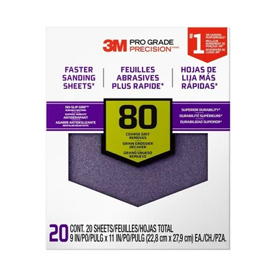 3M™ Pro Grade Precision™ Faster Sanding Sheets with No-Slip Grip™ Backing SHCP80-PGP20T, 9 in x 11 in, 80 Gr