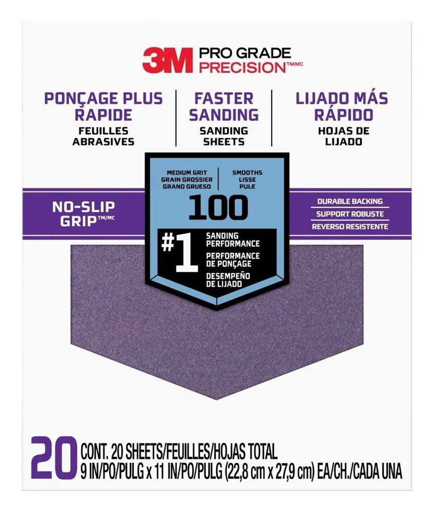 Hojas de Lija Pro Grade Precision™ Más Rápido 3M™ 100 grano Medio, 27100TRI-20, 9 in x 11 in