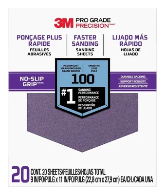 3M™ Pro Grade Precision™ Faster Sanding Sheets 100 grit Medium, 27100TRI-20, 9 in x 11 in