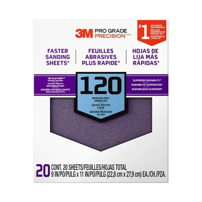 3M™ Pro Grade Precision™ Faster Sanding Sheets 120 grit Medium, 27120TRI-20, 9 in x 11 in, 20/pk