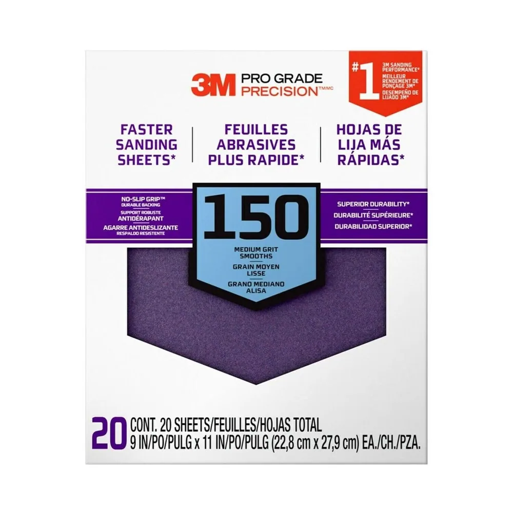 Hojas de Lija Pro Grade Precision™ Más Rápido 3M™ con Respaldo No-Slip Grip™ SHCP150-PGP20T, 9 in x 11 in, 150 Gr