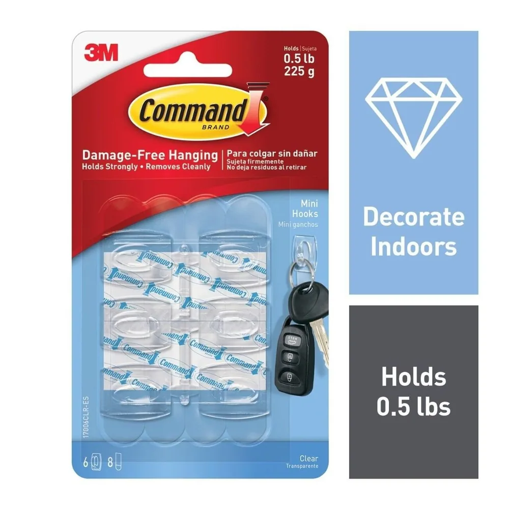 Ganchos Mini Transparentes Command™ con Tiras Transparentes 17006CLRES-D, 6 Ganchos Mini, 8 Tiras Pequeñas Transparentes/Paquete