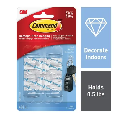 Command™ Mini Clear Hooks with Clear Strips 17006CLRES-D, 6 Mini Hooks, 8 Small Clear Strips/Pack