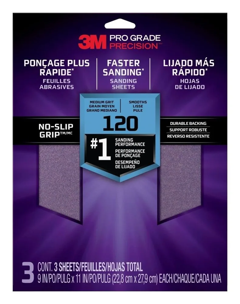 Hojas de Lija Pro Grade Precision™ Más Rápido 3M™ 120 grano Medio, 26120TRI-3, 9 in x 11 in, 3/paquete
