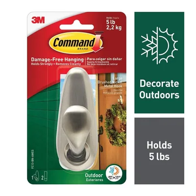 Command™ Outdoor Large Metal Hook Brushed Nickel FC13-BN-AWES, 1 hook, 2 water-resistant strips