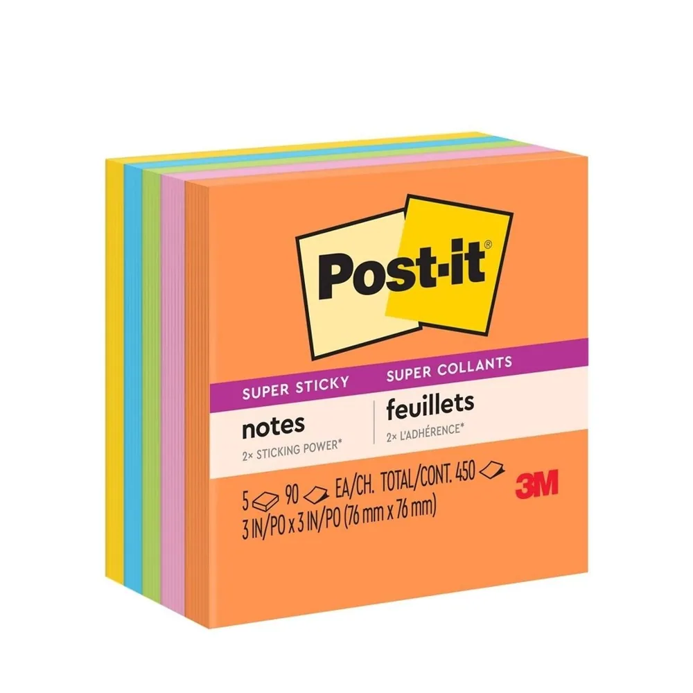 Notas Post-it® Super Sticky 654-5SSUC, Colección Energy Boost, 3 in x 3 in (76 mm x 76 mm), 100% PEFC, SGSCH-PEFC-COC-110078