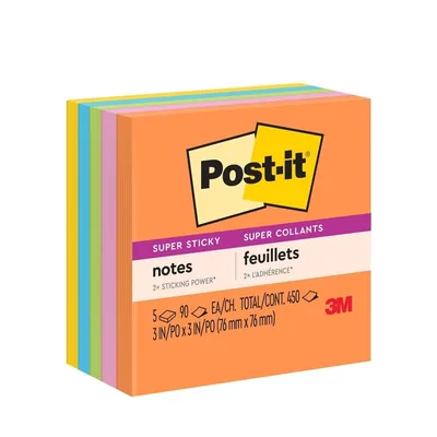 Post-it® Super Sticky Notes 654-5SSUC, Energy Boost Collection, 3 in x 3 in (76 mm x 76 mm), 100% PEFC, SGSCH-PEFC-COC-110078