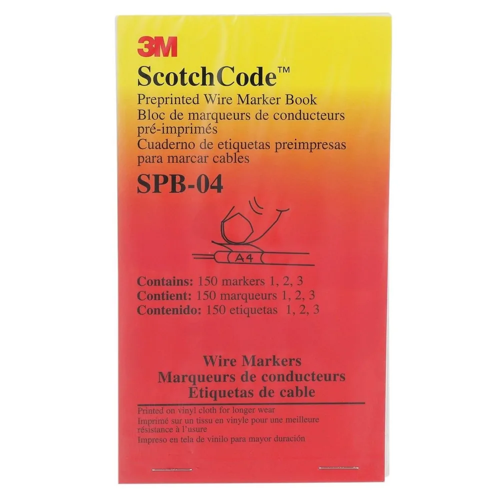 Libreta de Marcadores de Cable Preimpresos 3M™ ScotchCode™ SPB-04, impresión negra sobre fondo blanco destaca los caracteres