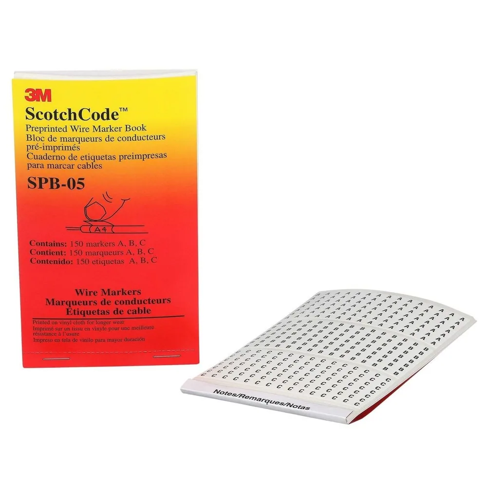 Libreta de Marcadores de Cable Preimpresos 3M™ ScotchCode™ SPB-05, impresión negra sobre fondo blanco destaca los caracteres