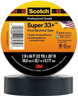 Scotch® Super 33+ Vinyl Electrical Tape, 2 in x 66 ft, 1-1/2 in Core, Black