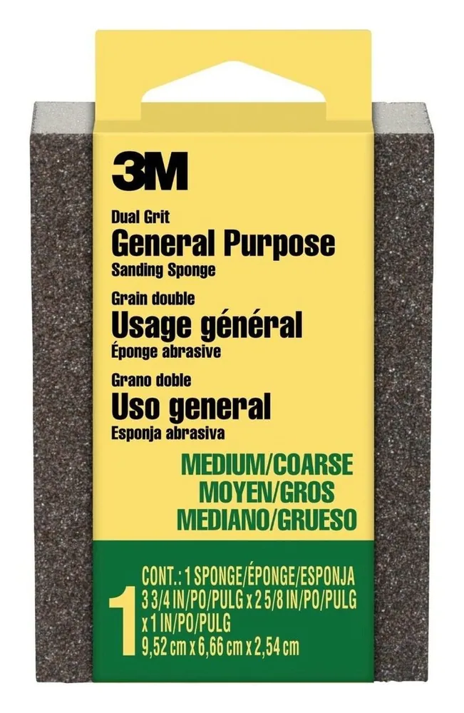 Esponja de Lija 3M™ 909-ESF, Bloque Doble Grano, 3 3/4 in x 2 5/8 in x 1 in (9,52 cm x 6,66 cm x 2,54 cm), Medio/Grueso