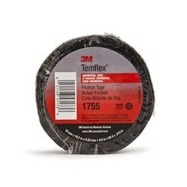 Cinta de Fricción de Algodón 3M™ Temflex™ 1755, 3/4 pulgadas x 82-1/2 ft, Negro
