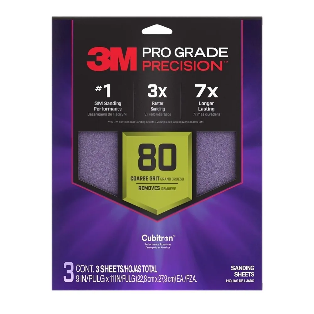 Hojas de Lija Pro Grade Precision™ Más Rápido 3M™ con Respaldo No-Slip Grip™ SHR80-PGP-3T, 9 in x 11 in, 80 Gr, 3 Hojas/Paquete