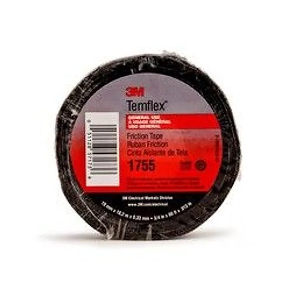 Cinta de Fricción de Algodón 3M™ Temflex™ 1755, 3/4 pulgadas x 60 ft, Negro
