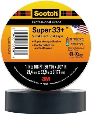 Scotch® Super 33+ Vinyl Electrical Tape, 1 in x 108 ft, 1 in Core, Black