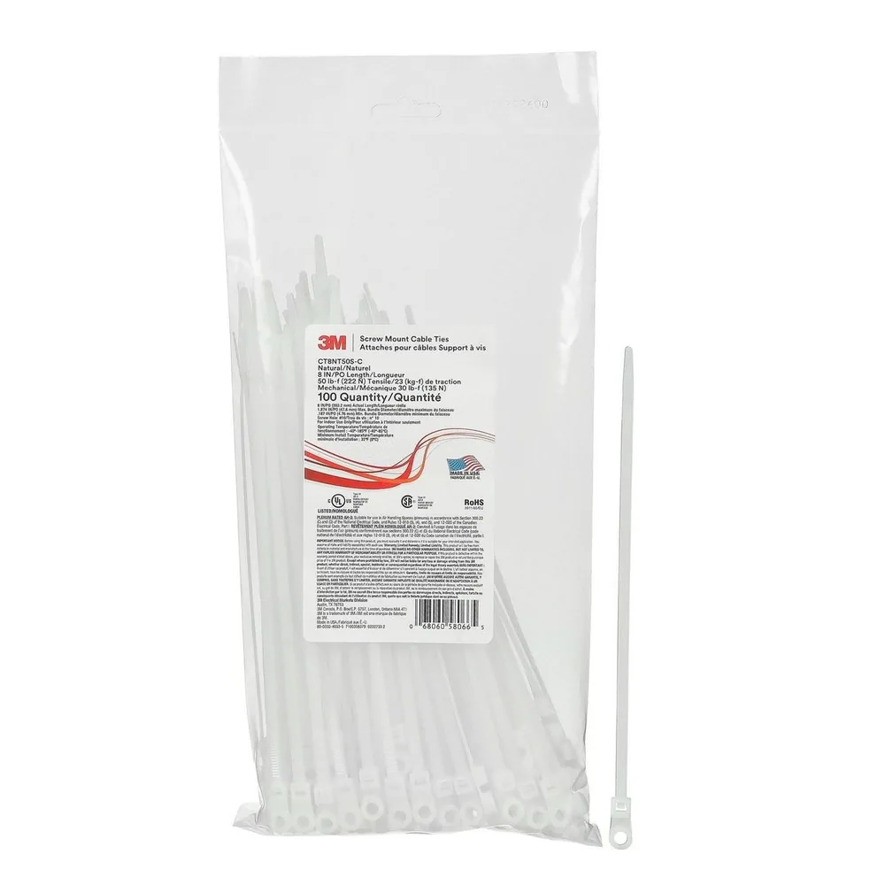 Cincho de Cable Montaje de Tornillo 3M™ CT8NT50S-C, Natural 8 pulgadas 50 lb, 100/Bolsa