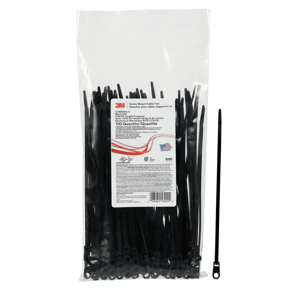 Cincho de Cable Montaje de Tornillo 3M™ CT8BK50S-C, Negro 8 pulgadas 50 lb, 100/Bolsa