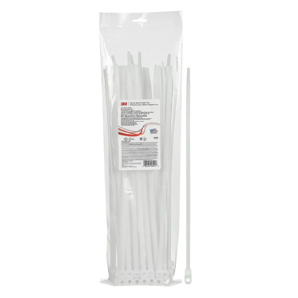 3M™ Screw Mount Cable Tie CT15NT120S-L, Natural 15 inch 120 lb, 50/Bag