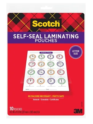 Scotch™ Self-Sealing Laminating Pouches LS854-10G, 9.0 in x 11.5 in x 0 in (231 mm x 293 mm)