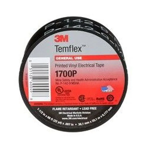 Cinta de Aislar de Vinil de Grado Minería 3M™ Temflex™ 1700P, 1-1/2 pulgadas x 66 ft, Impresa, Negro