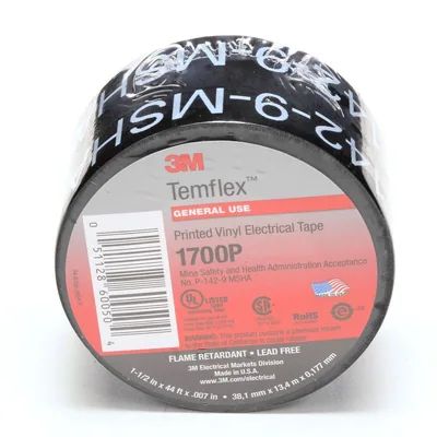 3M™ Temflex™ Mining-Grade Vinyl Electrical Tape 1700P, 1-1/2 in x 44 ft, Printed, Black