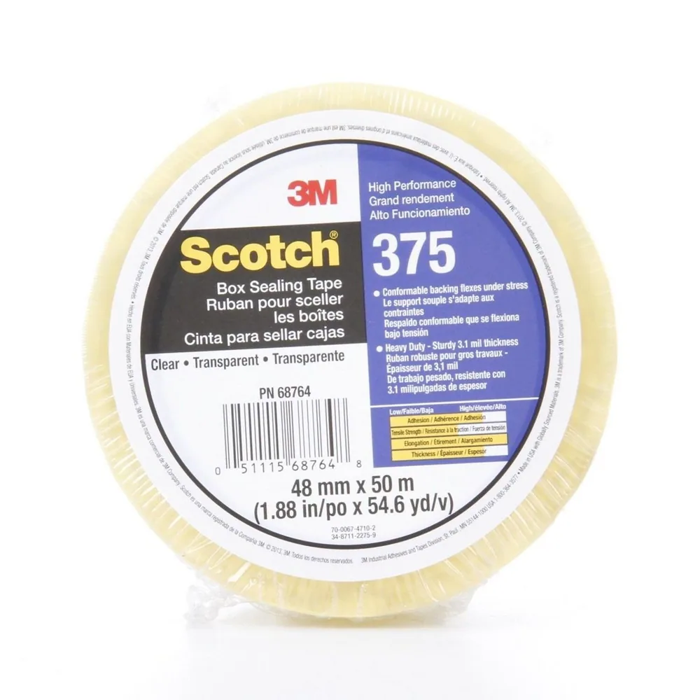 Cinta de Embalaje Scotch® 375, Transparente, 48 mm x 50 m, Empacado Individualmente de Manera Conveniente