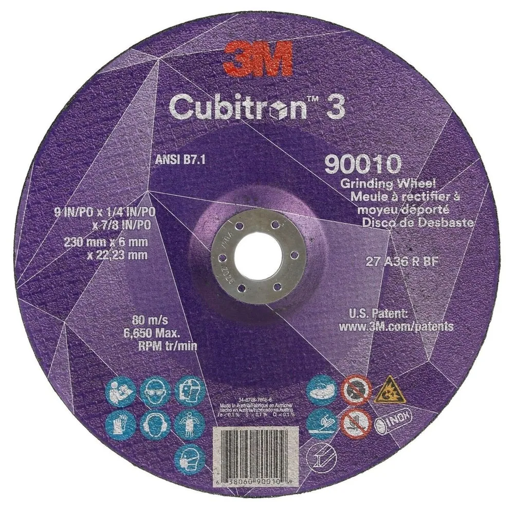 Disco de muela abrasiva ahuecada 3M™ Cubitron™ 3, 90010, 36+, T27, 9 in x 1/4 in x 7/8 in (230 x 6 x 22,23 mm), ANSI