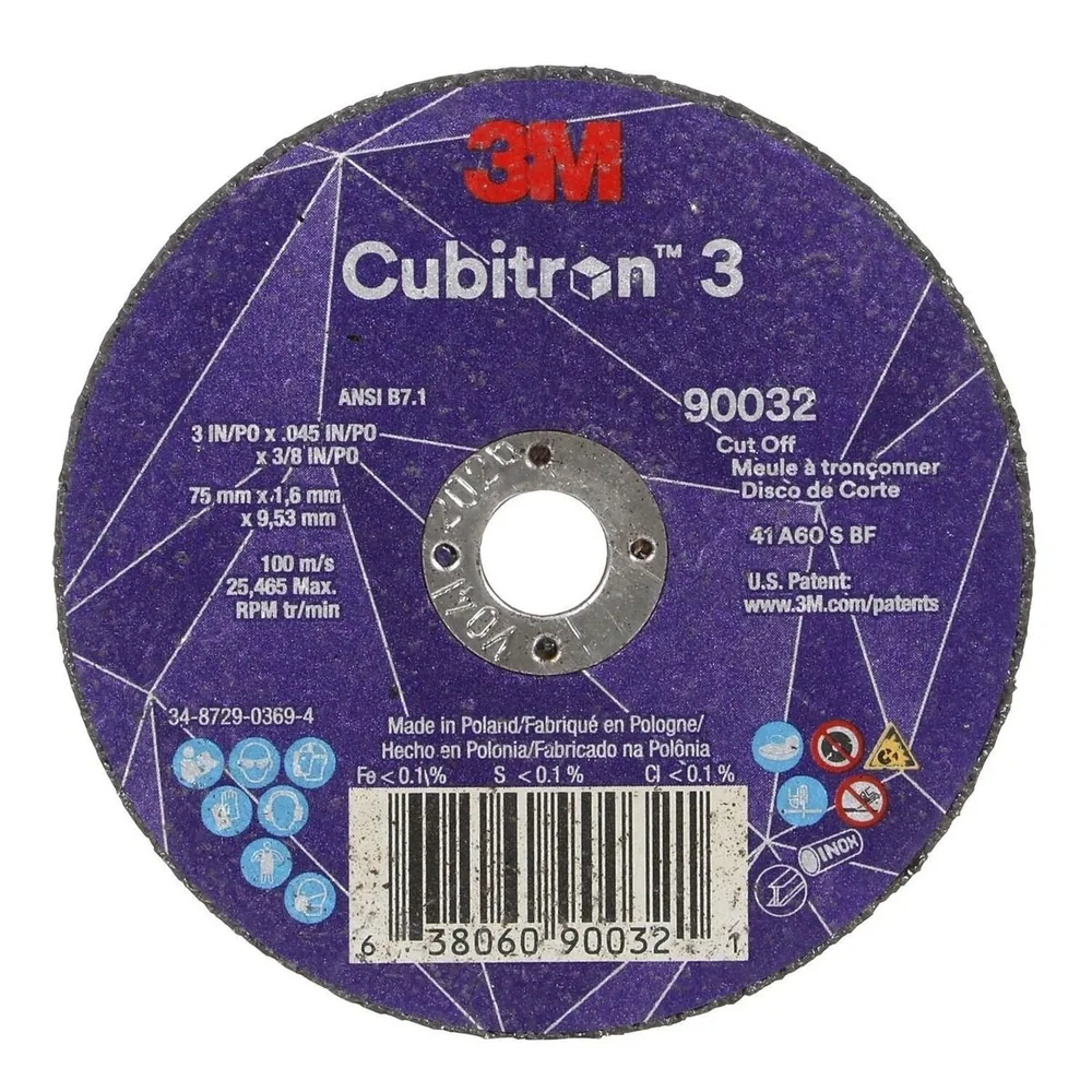 Disco de corte 3M™ Cubitron™ 3, 90032, 60+, T1, 3 in x 0,045 in x 3/8 in (75 x 1,6 x 9,53 mm), ANSI